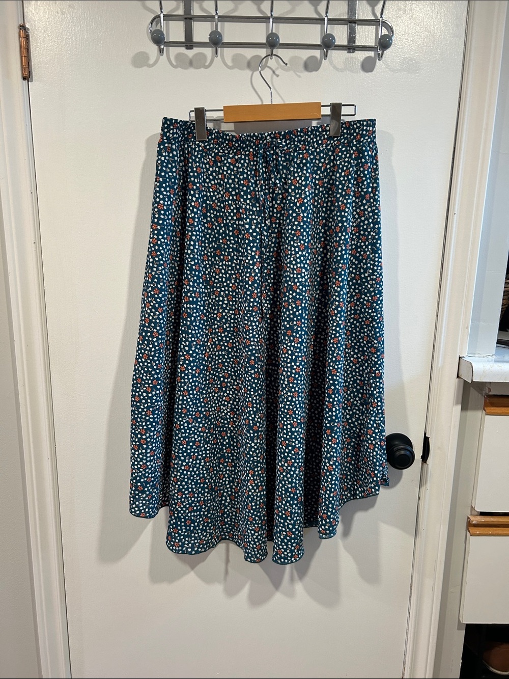SHEIN Teal Midi Skirt with Coral and White Floral Dot Print